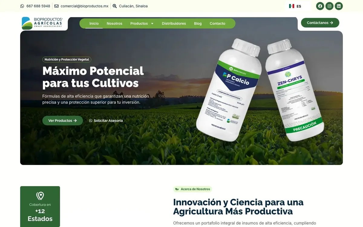 Primera pantalla del sitio de Bioproductos Agrícolas