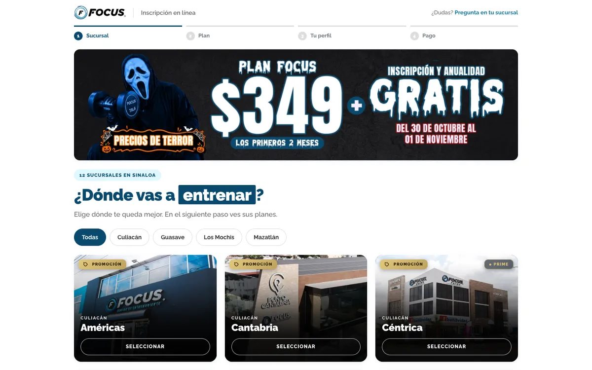 Primera pantalla del sitio de Focus · Inscripción en línea