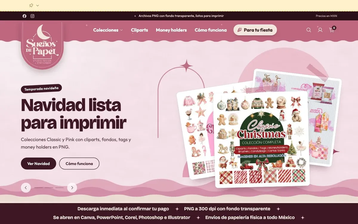 Primera pantalla del sitio de Sueños de Papel