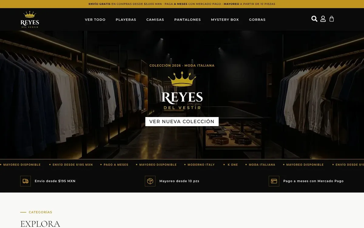 Primera pantalla del sitio de Reyes del Vestir