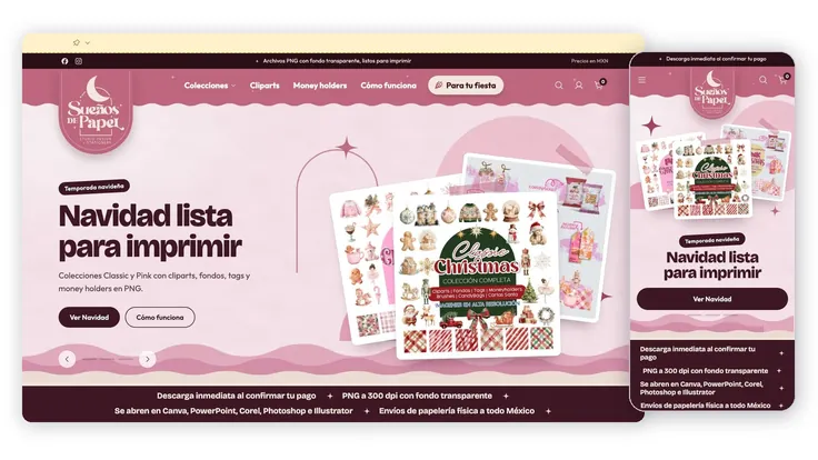 Prototipo de la tienda en línea de Sueños de Papel, papelería digital