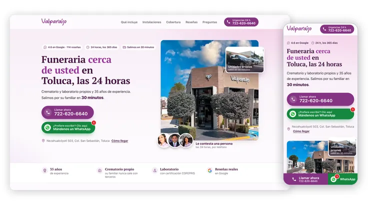 Landing page de atención inmediata de Valparaíso, funeraria en Toluca